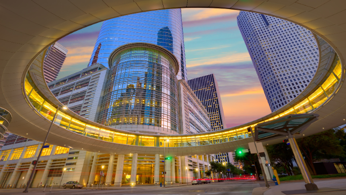 A picture of downtown Houston at street level.
